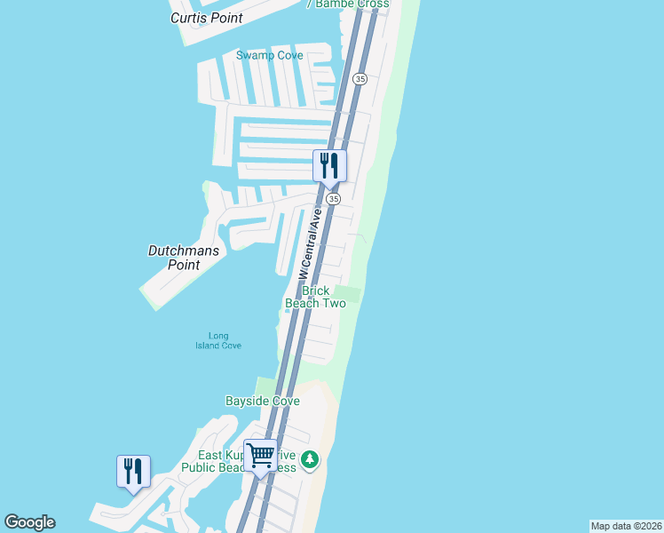 map of restaurants, bars, coffee shops, grocery stores, and more near 202 Easy Street in Mantoloking