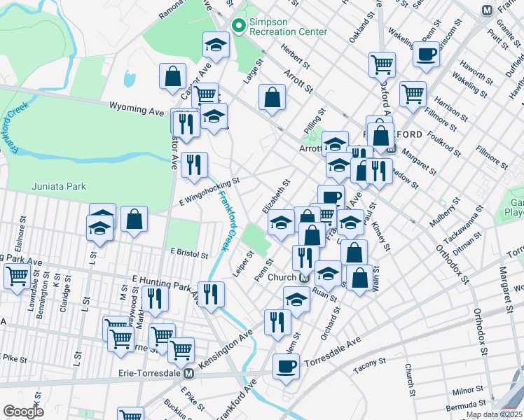 map of restaurants, bars, coffee shops, grocery stores, and more near 4328 Elizabeth Street in Philadelphia