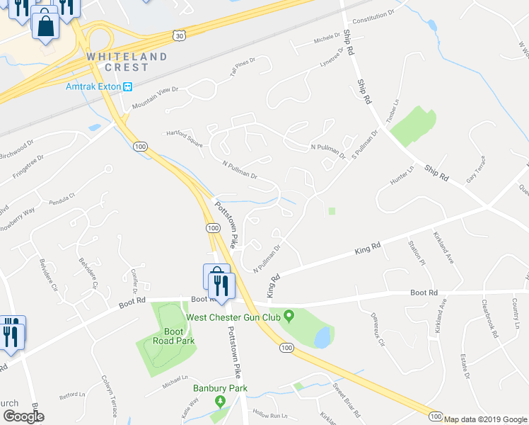 map of restaurants, bars, coffee shops, grocery stores, and more near 196 Stirling Court in West Chester