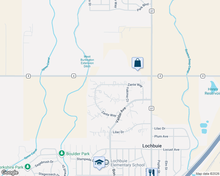 map of restaurants, bars, coffee shops, grocery stores, and more near 422 Zante Way in Lochbuie