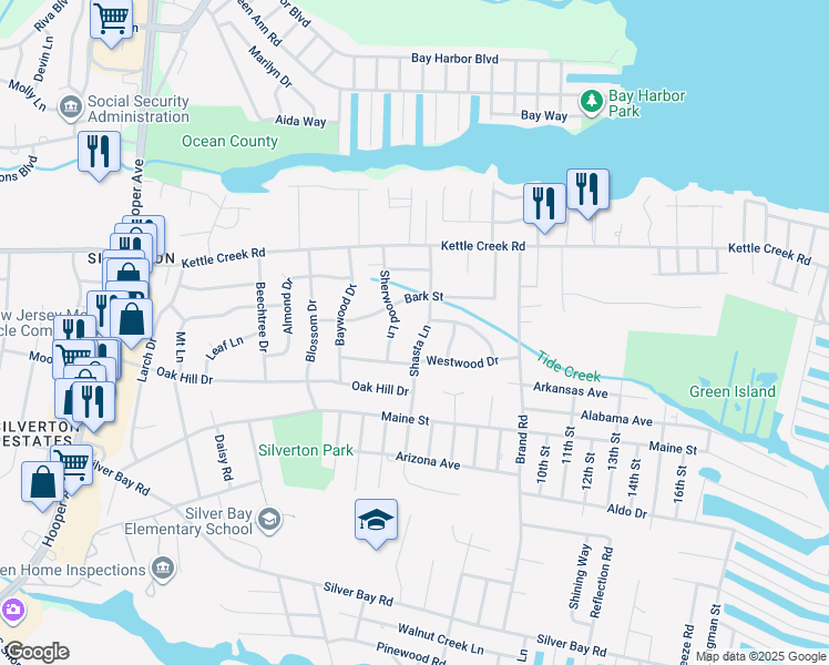 map of restaurants, bars, coffee shops, grocery stores, and more near 130 Shasta Lane in Toms River