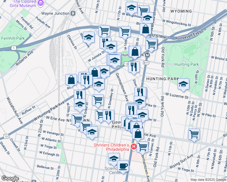map of restaurants, bars, coffee shops, grocery stores, and more near 3937 North Smedley Street in Philadelphia