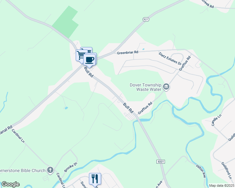map of restaurants, bars, coffee shops, grocery stores, and more near 3539 Bull Road in York