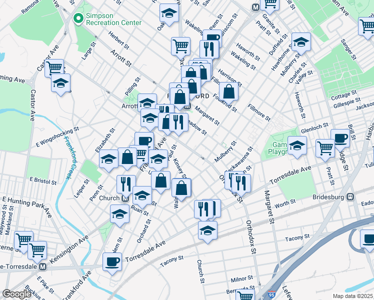 map of restaurants, bars, coffee shops, grocery stores, and more near 1656 Orthodox Street in Philadelphia