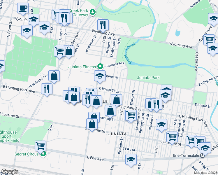 map of restaurants, bars, coffee shops, grocery stores, and more near 4320 H Street in Philadelphia