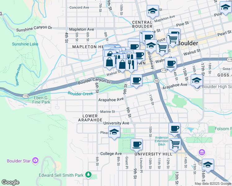 map of restaurants, bars, coffee shops, grocery stores, and more near 745 Arapahoe Avenue in Boulder