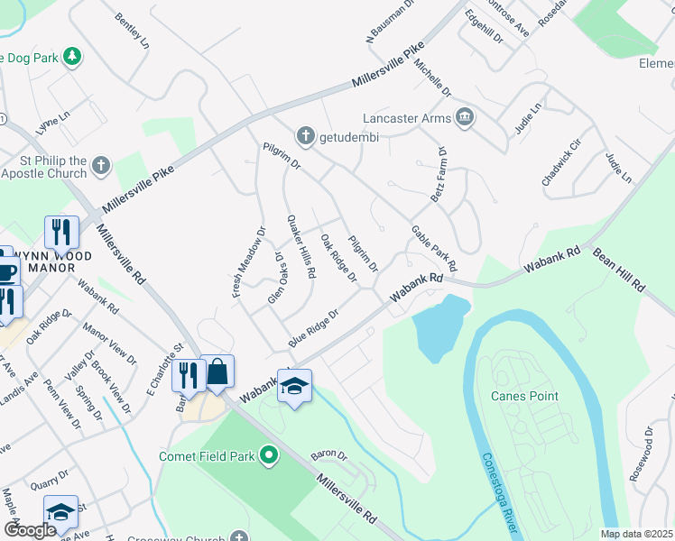 map of restaurants, bars, coffee shops, grocery stores, and more near 56 Oak Ridge Drive in Lancaster