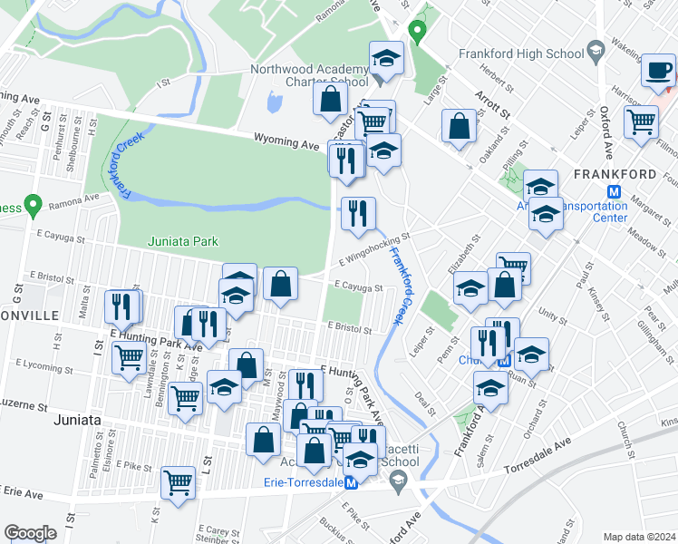 map of restaurants, bars, coffee shops, grocery stores, and more near 1508 East Wingohocking Street in Philadelphia
