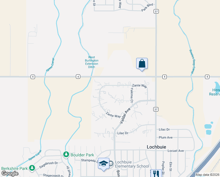map of restaurants, bars, coffee shops, grocery stores, and more near 422 Zante Way in Lochbuie