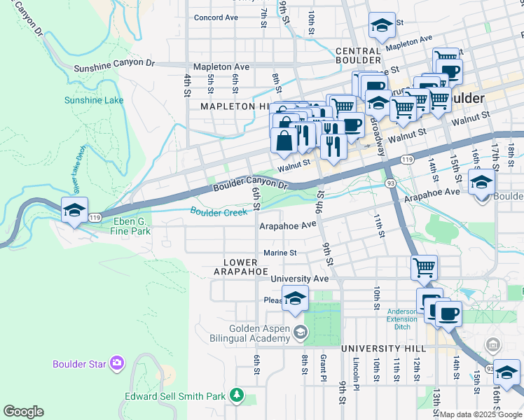 map of restaurants, bars, coffee shops, grocery stores, and more near 1730 6th Street in Boulder