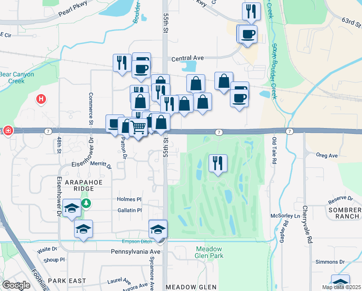 map of restaurants, bars, coffee shops, grocery stores, and more near 5600 Arapahoe Avenue in Boulder