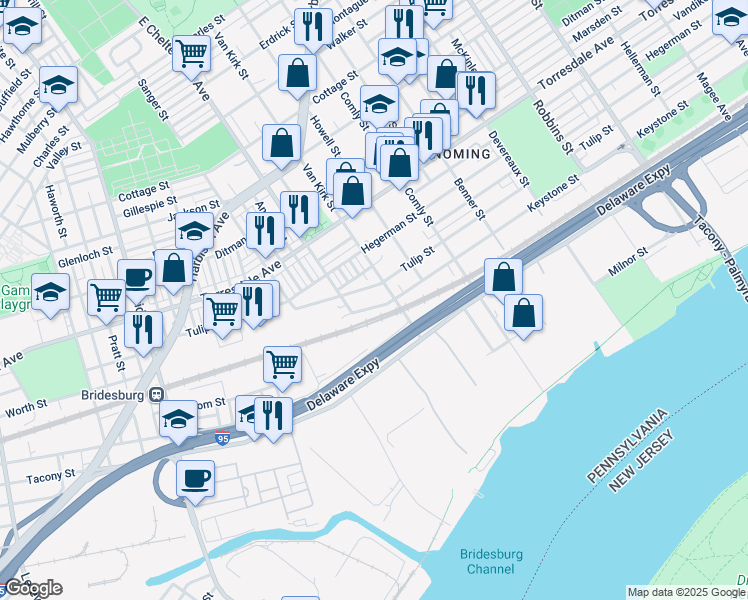 map of restaurants, bars, coffee shops, grocery stores, and more near 4914 Van Kirk Street in Philadelphia