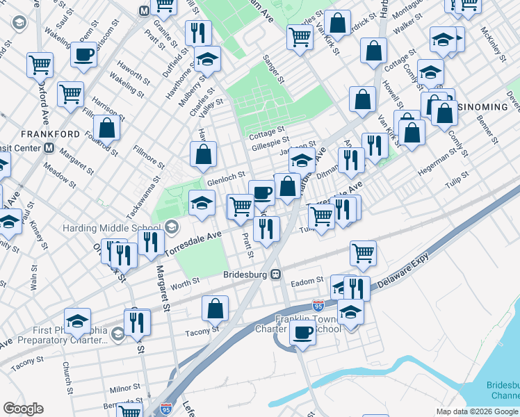 map of restaurants, bars, coffee shops, grocery stores, and more near 2065 Bridge Street in Philadelphia