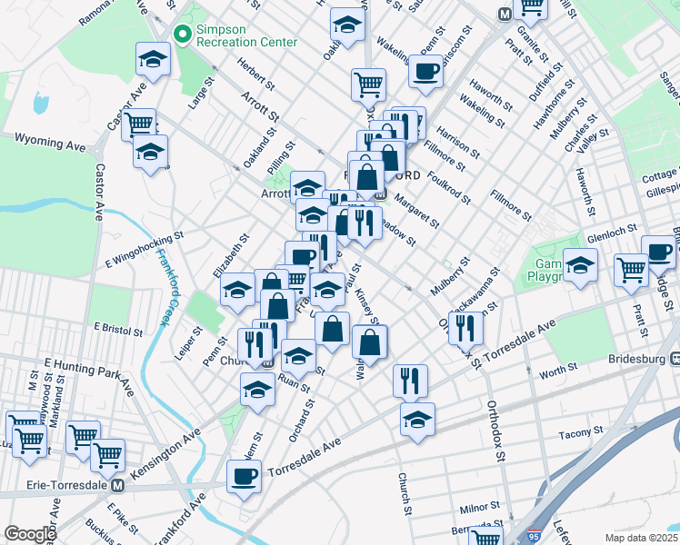 map of restaurants, bars, coffee shops, grocery stores, and more near 1617 Kinsey Street in Philadelphia