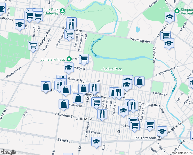 map of restaurants, bars, coffee shops, grocery stores, and more near 4332 Elsinore Street in Philadelphia