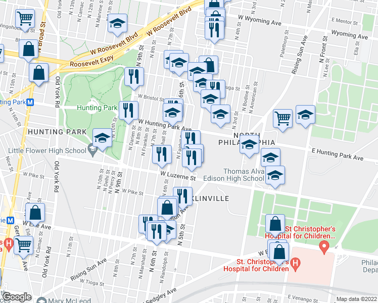 map of restaurants, bars, coffee shops, grocery stores, and more near 4115 North Fairhill Street in Philadelphia