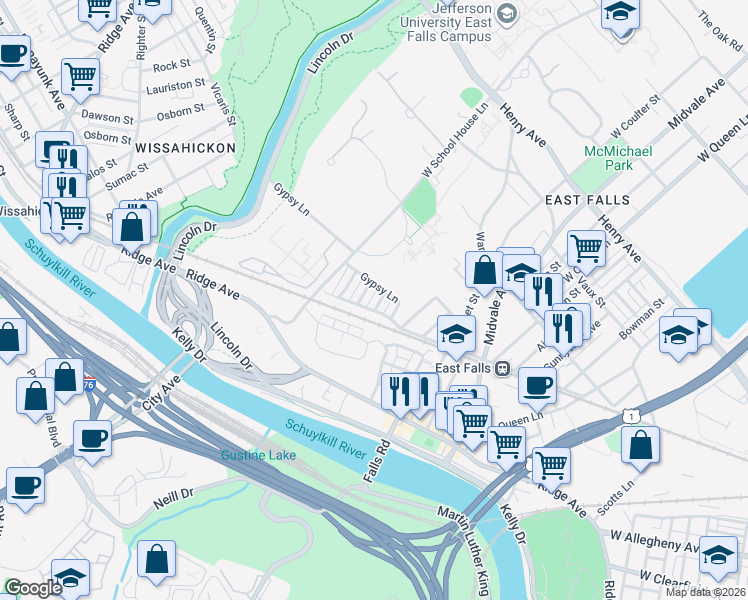 map of restaurants, bars, coffee shops, grocery stores, and more near 3613 Winona Street in Philadelphia