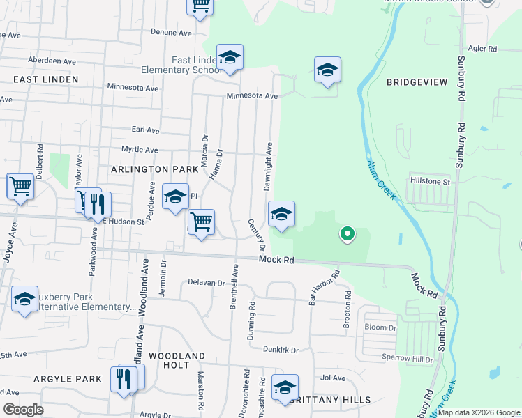 map of restaurants, bars, coffee shops, grocery stores, and more near 2201 Century Drive in Columbus