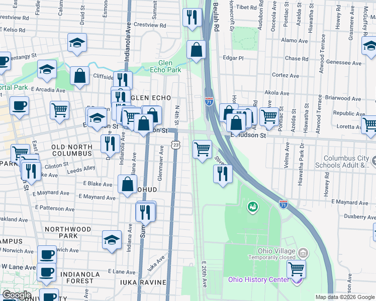 map of restaurants, bars, coffee shops, grocery stores, and more near 527 East Tompkins Street in Columbus