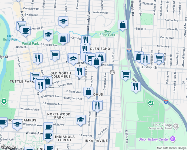 map of restaurants, bars, coffee shops, grocery stores, and more near 373 East Tompkins Street in Columbus
