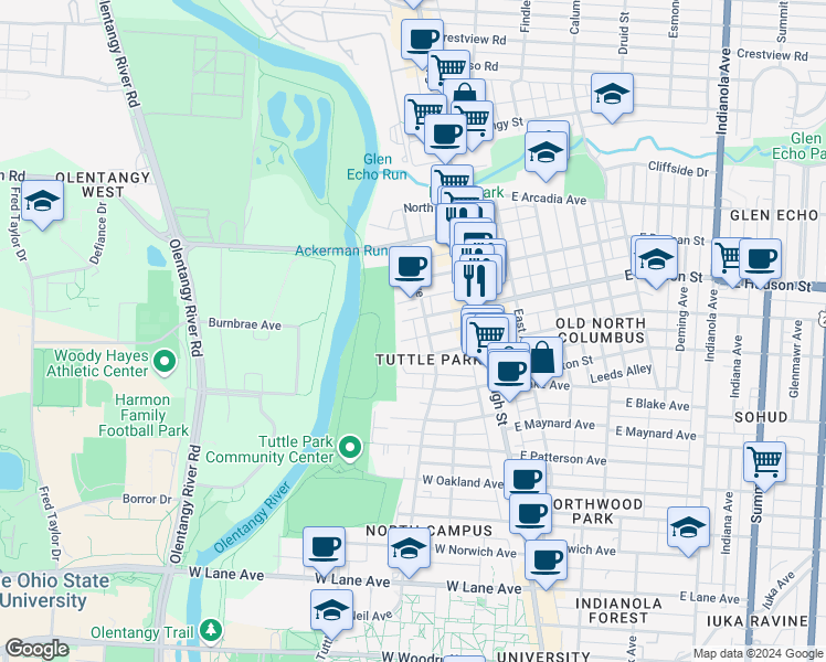 map of restaurants, bars, coffee shops, grocery stores, and more near 111 West Hudson Street in Columbus