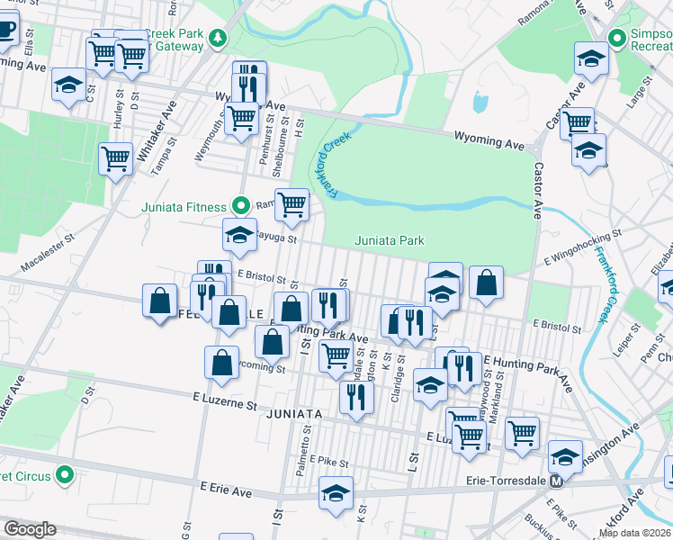 map of restaurants, bars, coffee shops, grocery stores, and more near 4332 Elsinore Street in Philadelphia