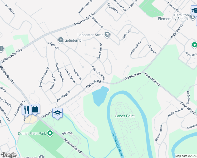 map of restaurants, bars, coffee shops, grocery stores, and more near 16 Park Lane in Lancaster