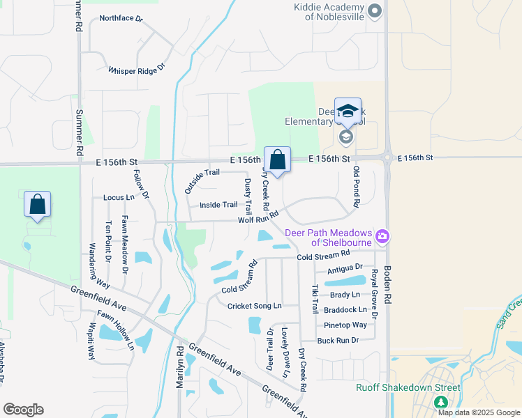 map of restaurants, bars, coffee shops, grocery stores, and more near 15435 Dry Creek Road in Noblesville