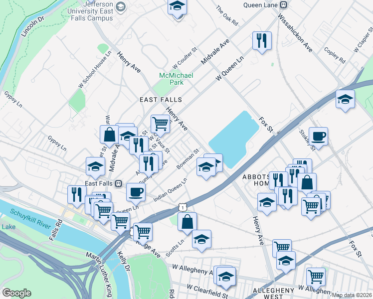 map of restaurants, bars, coffee shops, grocery stores, and more near 3423 Osmond Street in Philadelphia