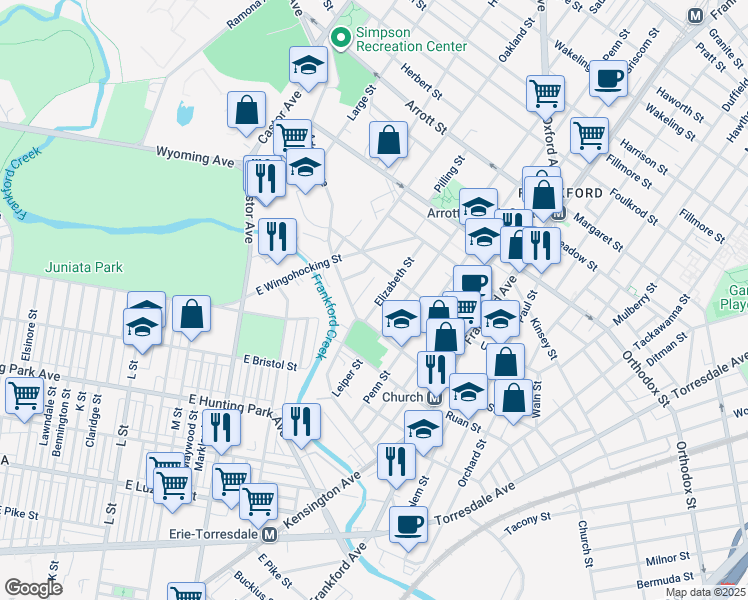 map of restaurants, bars, coffee shops, grocery stores, and more near 4328 Elizabeth Street in Philadelphia