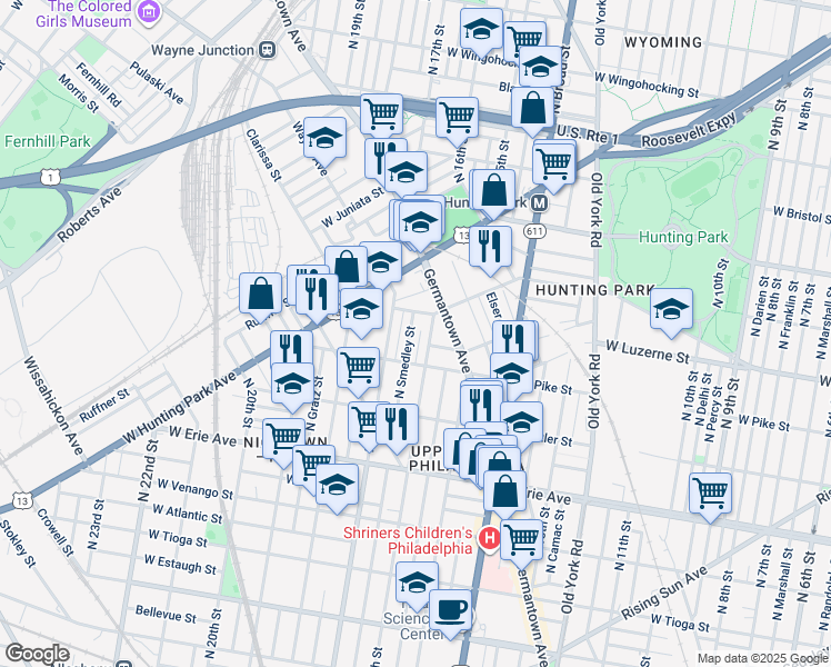 map of restaurants, bars, coffee shops, grocery stores, and more near 3939 North Smedley Street in Philadelphia