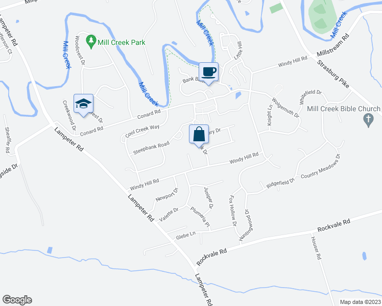 map of restaurants, bars, coffee shops, grocery stores, and more near 12 Overhill Drive in Lancaster