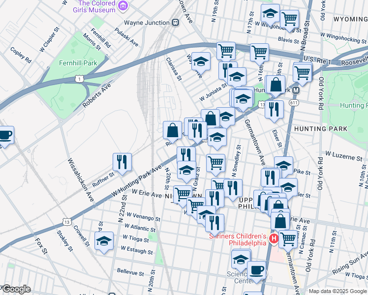 map of restaurants, bars, coffee shops, grocery stores, and more near 1933 West Hunting Park Avenue in Philadelphia