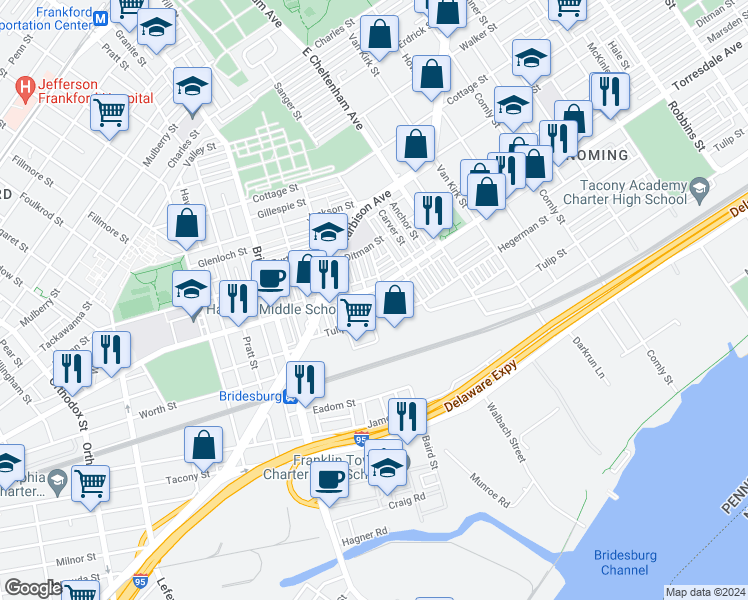 map of restaurants, bars, coffee shops, grocery stores, and more near 5419 Torresdale Avenue in Philadelphia