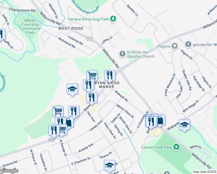 map of restaurants, bars, coffee shops, grocery stores, and more near 354 Manor Avenue in Millersville
