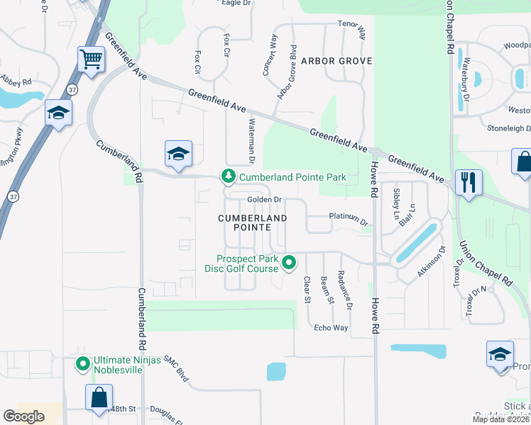 map of restaurants, bars, coffee shops, grocery stores, and more near 10191 Cumberland Pointe Boulevard in Noblesville