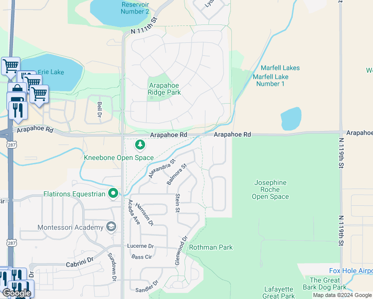map of restaurants, bars, coffee shops, grocery stores, and more near 1315 Alexandria Street in Lafayette