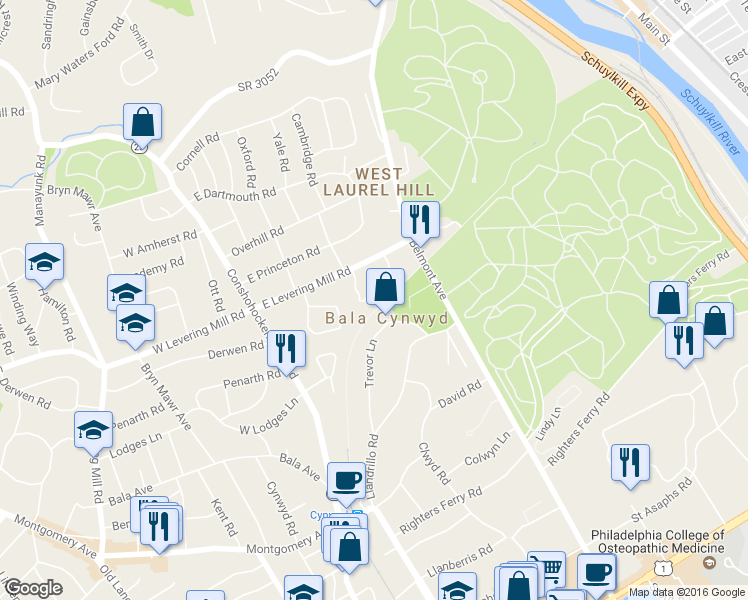map of restaurants, bars, coffee shops, grocery stores, and more near 150 Rolling Road in Bala Cynwyd