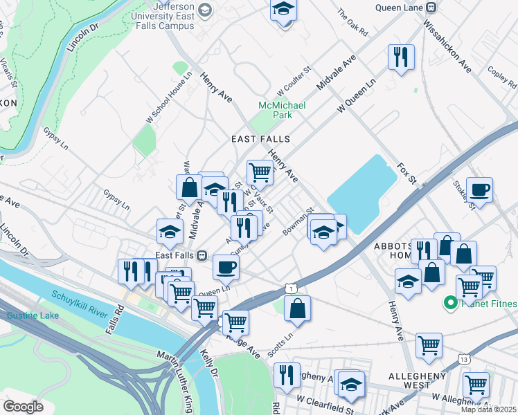 map of restaurants, bars, coffee shops, grocery stores, and more near 3417 Tilden Street in Philadelphia