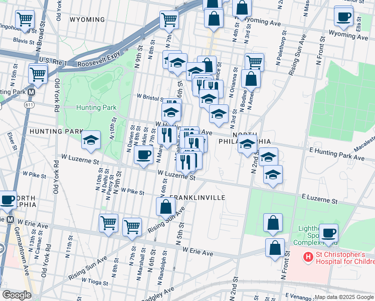 map of restaurants, bars, coffee shops, grocery stores, and more near 4115 North Fairhill Street in Philadelphia