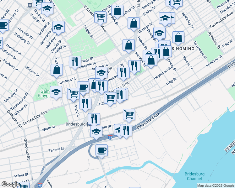 map of restaurants, bars, coffee shops, grocery stores, and more near 2114 Fraley Street in Philadelphia