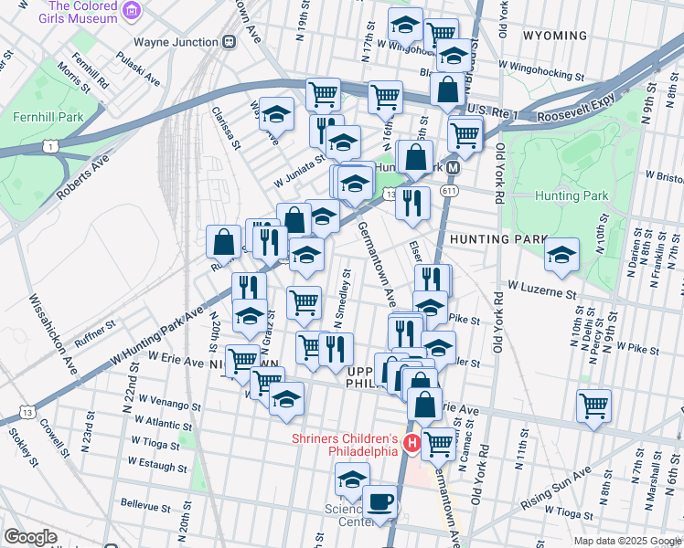 map of restaurants, bars, coffee shops, grocery stores, and more near 3938 North Smedley Street in Philadelphia