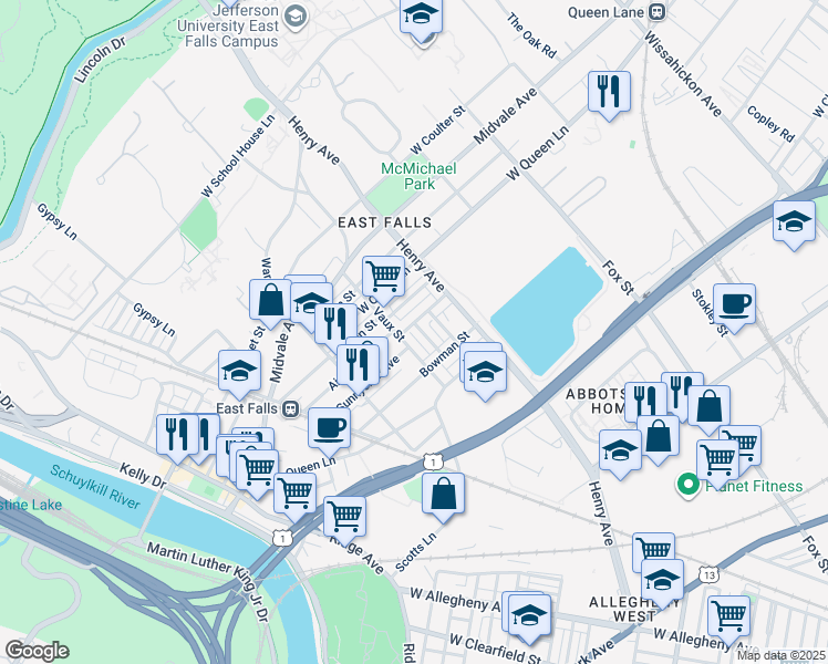map of restaurants, bars, coffee shops, grocery stores, and more near 3348 Ainslie Street in Philadelphia