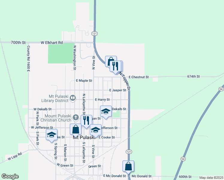 map of restaurants, bars, coffee shops, grocery stores, and more near 500 North Scott Street in Mount Pulaski