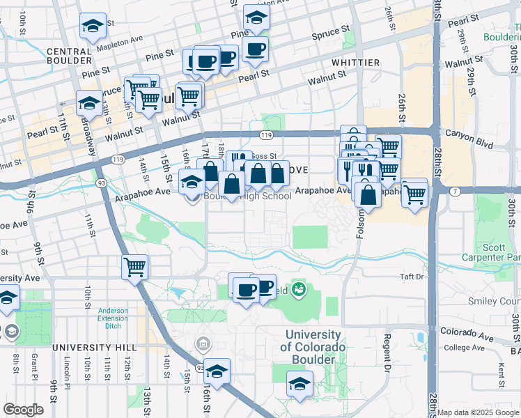 map of restaurants, bars, coffee shops, grocery stores, and more near 1503 20th Street in Boulder