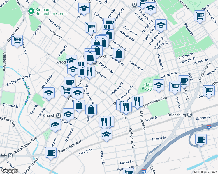 map of restaurants, bars, coffee shops, grocery stores, and more near 1727 Plum Street in Philadelphia