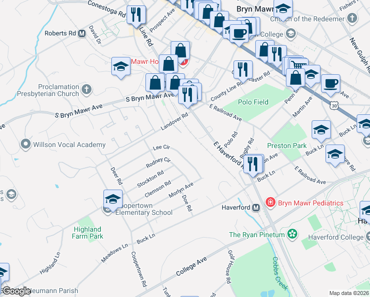 map of restaurants, bars, coffee shops, grocery stores, and more near 228 Lee Circle in Bryn Mawr