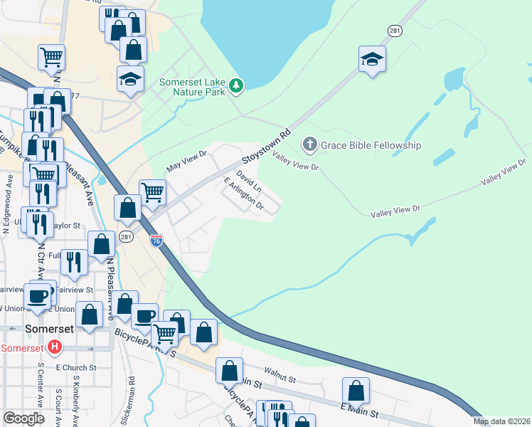 map of restaurants, bars, coffee shops, grocery stores, and more near 171 David Lane in Somerset