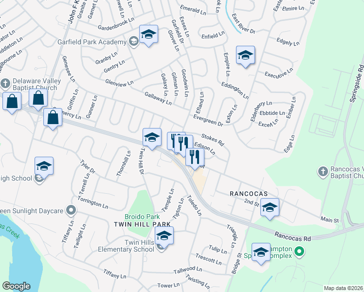 map of restaurants, bars, coffee shops, grocery stores, and more near 3 Edison Lane in Willingboro