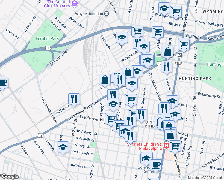 map of restaurants, bars, coffee shops, grocery stores, and more near 1931 West Hunting Park Avenue in Philadelphia
